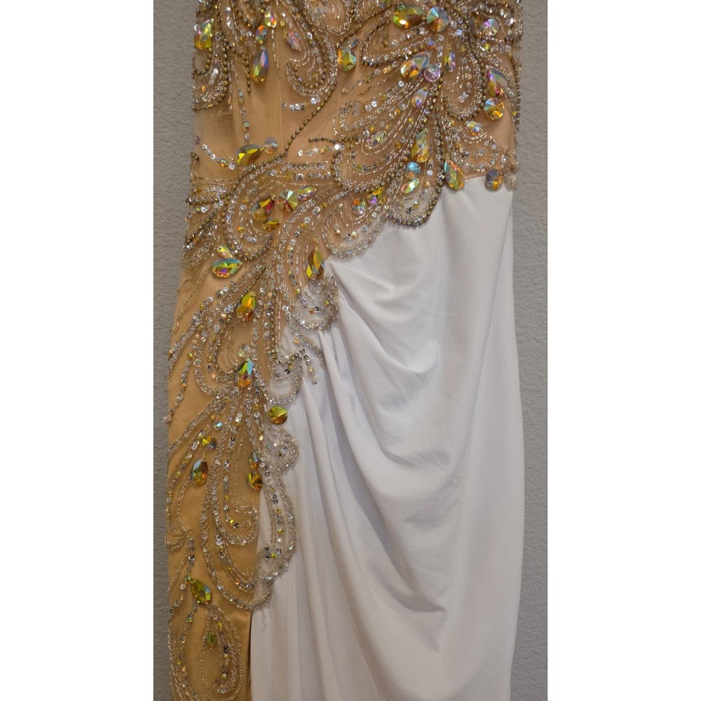 JVN by Jovani White and Gold Beaded Illusion-Back Evening Gown - Picture 4 of 16